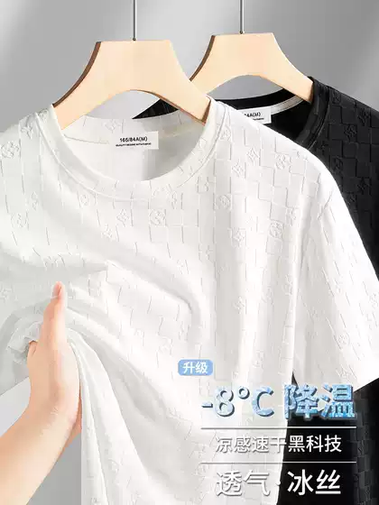 Premium Checked Ice Silk Short Sleeve Tee for Men 2026 New Arrival Light Luxury Casual Top