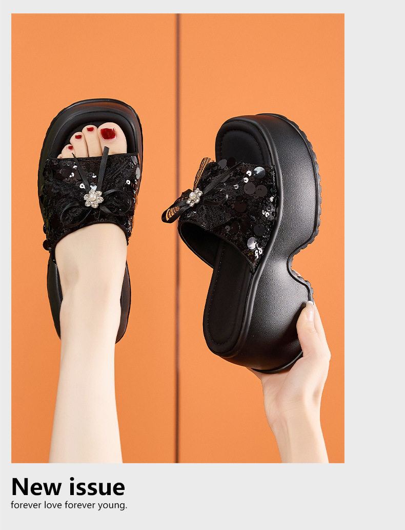 Sandal cao gót nữ hở mũi mùa hè đế dày — Đen, Trắng chi tiết 12