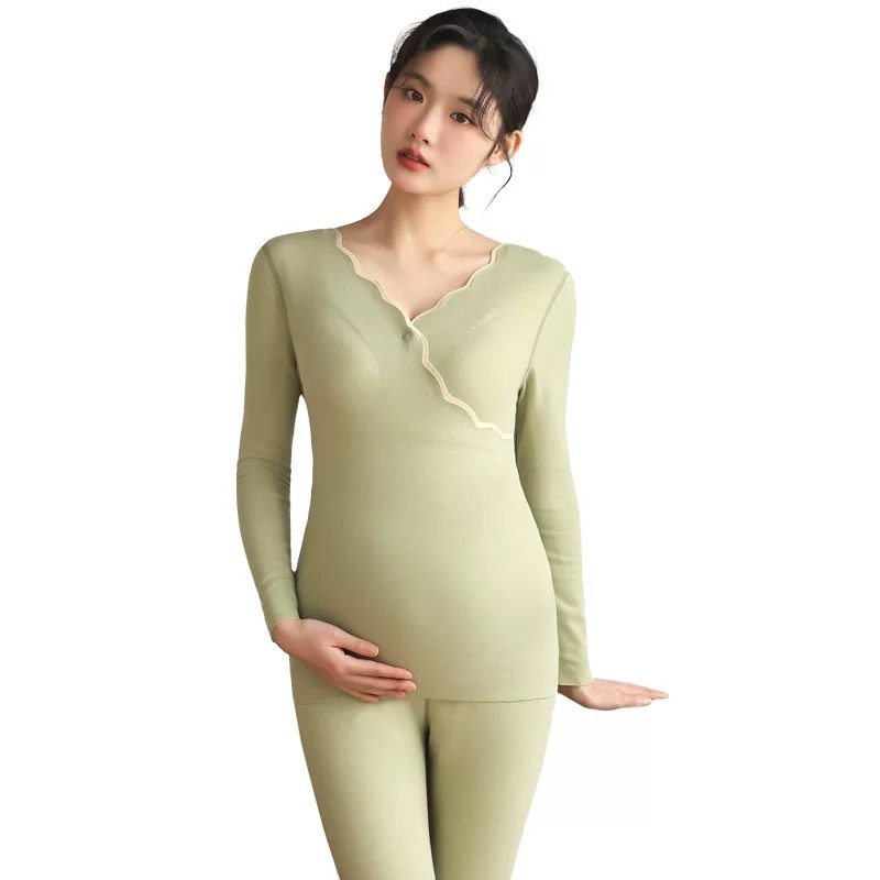 De Rong Pregnant Women's Autumn Clothes and Pants suit Pregnant Women's Luna Nursing Pajamas Winter Thermal Underwear fleece-lined Thickened