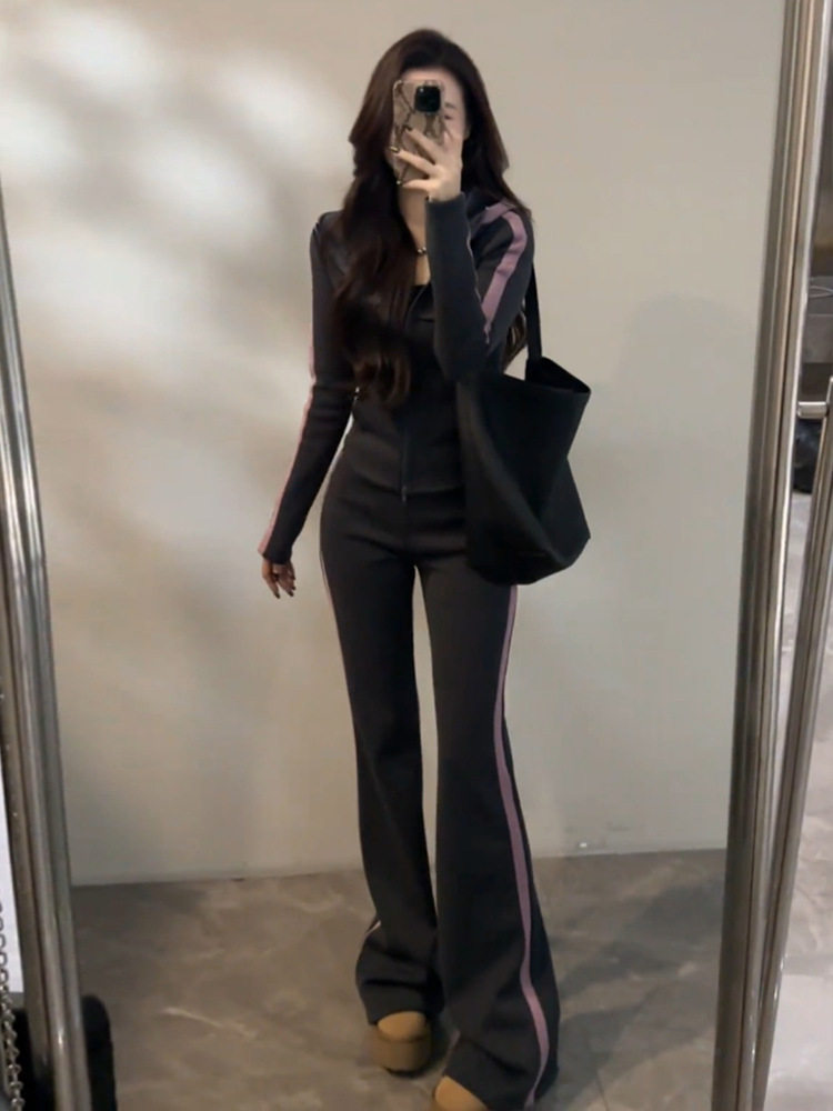 High-End Casual Sports Suit for Women in Autumn and Winter Fleece-Lined Color Matching Slim Long-Sleeved Sweatshirt Jacket Wide-Leg Pants Two-Piece Set