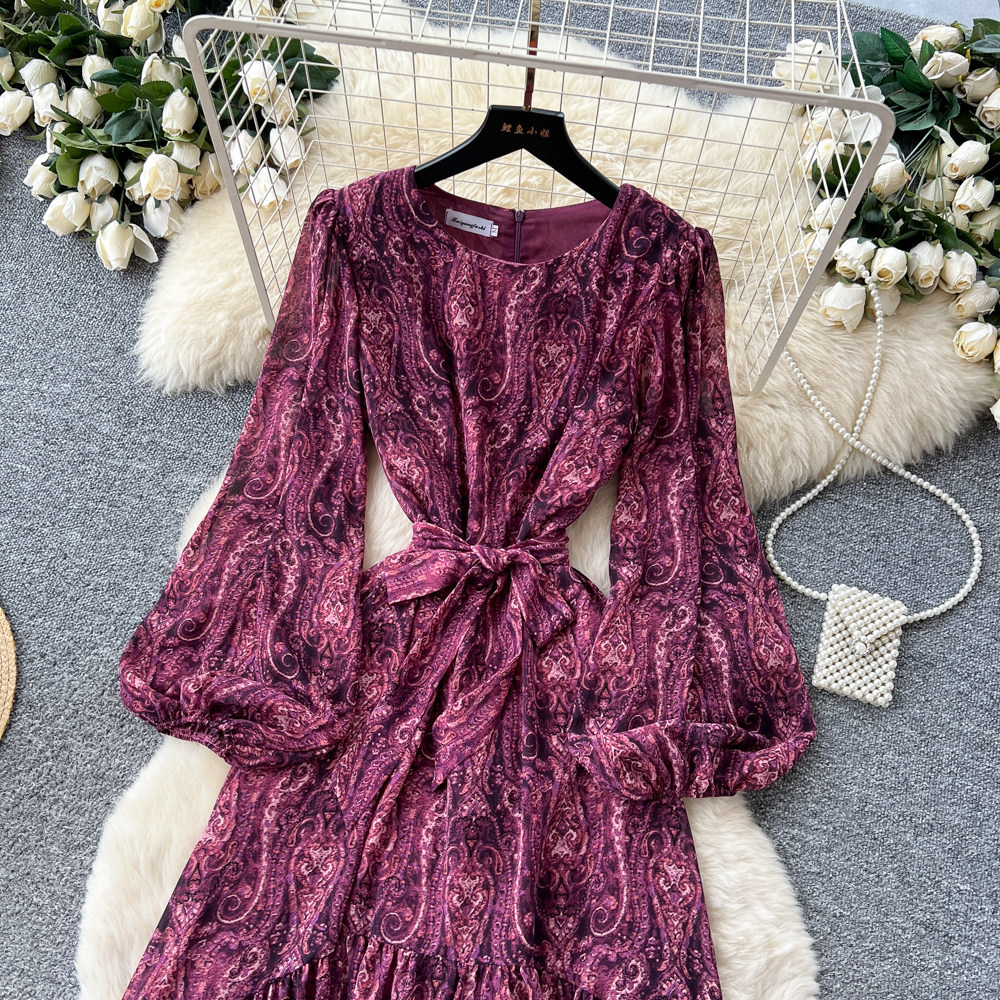 French Style Floral Maxi Dress Loose Fit Long Sleeve Waist Tie A Line Silhouette Spring and Autumn Wear Wholesale
