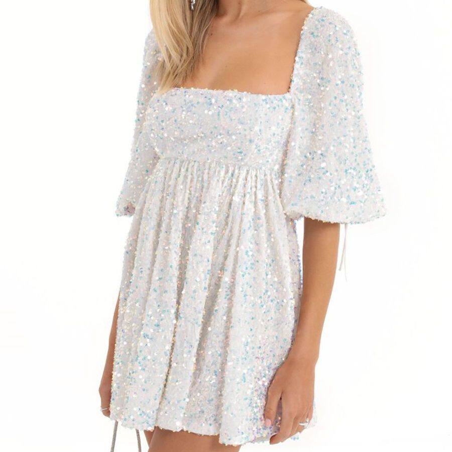 Plus Size Loose Sequin Mini Skirt Dress Short Sleeve Square Neck Solid Color Flared Hem Summer Casual Wear