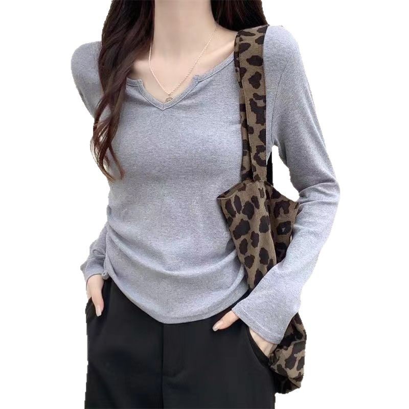 Womens Long Sleeve T Shirt V Neck Drawstring Versatile Chic Design Casual Layering Top for Spring and Autumn