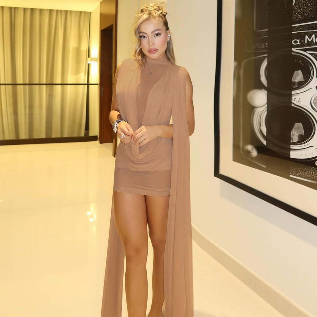 Fashionable Womens Bodycon Dress Sheer Mesh Ruffled Design Stylish Tie Details Perfect for Autumn and Winter