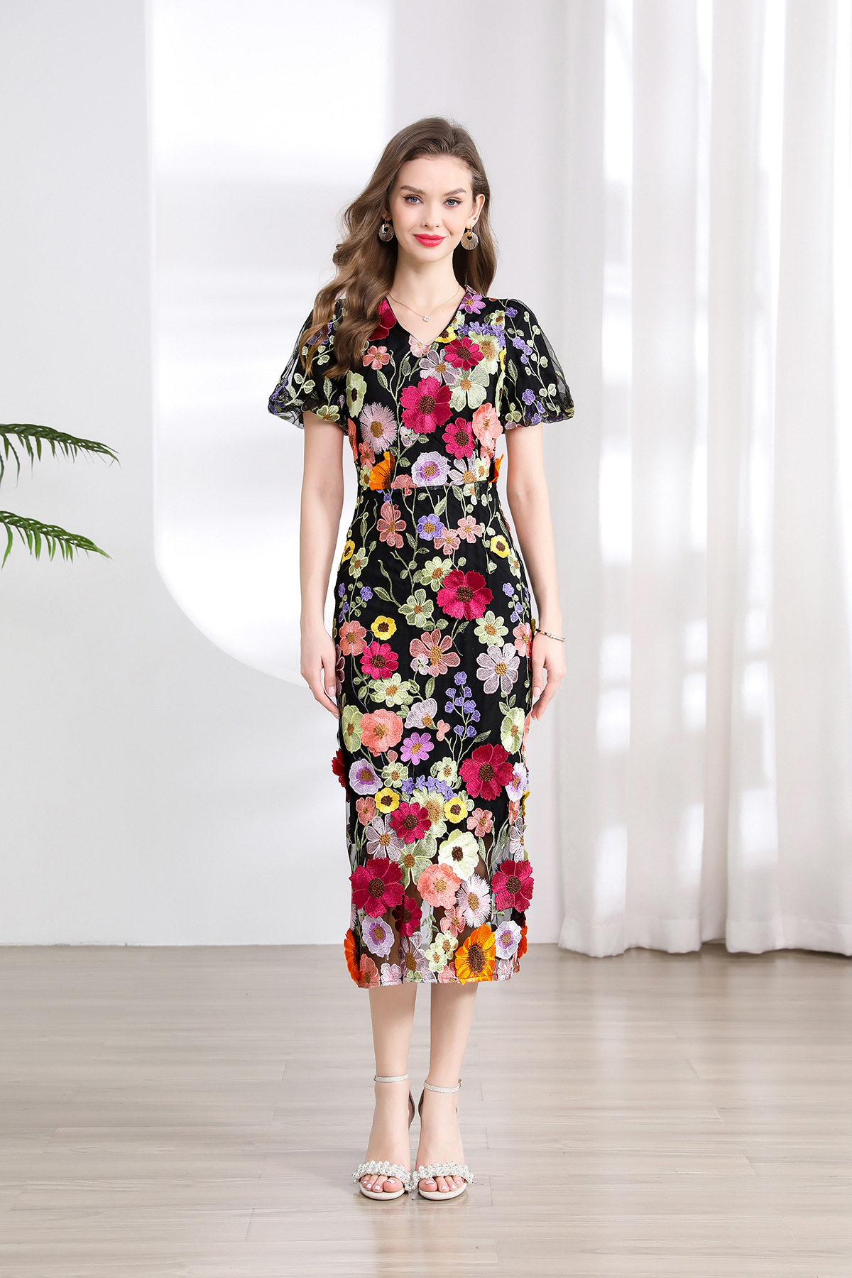 V Neck Short Sleeve Bodycon Lace Dress with 3D Floral Design Elegant Party Style Available for Wholesale