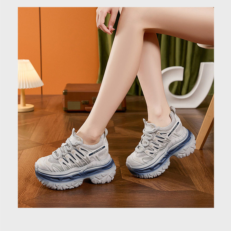Giày thể thao nữ đế xuồng platform lỗ thoáng khí, gót siêu cao 8 cm — Trắng, Xám xanh chi tiết 13
