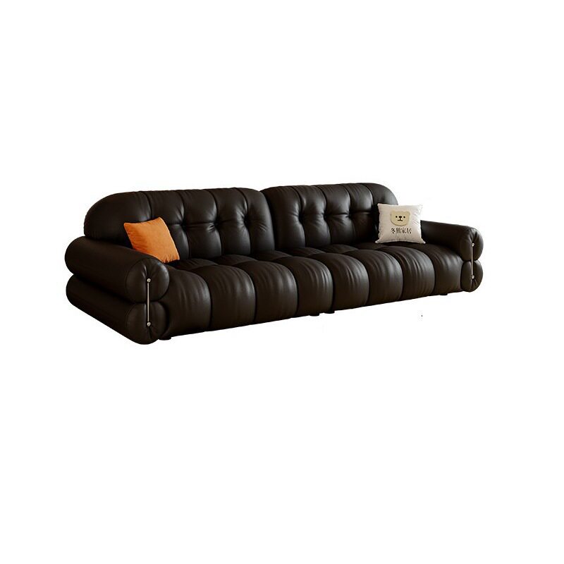 吉与2026新款真皮沙发现代客厅小户型法式复古黑色钢琴键直排沙发