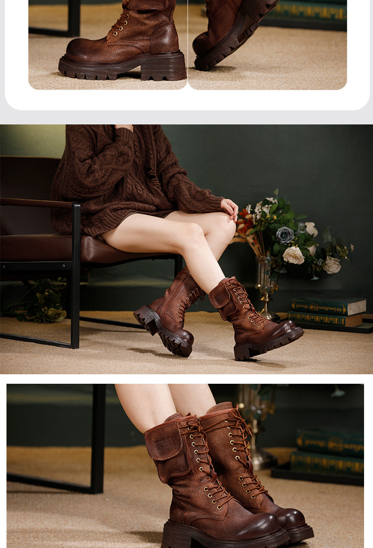 Boot Martin nữ da thật cổ trung, phong cách Anh cổ điển, khóa kim loại cá tính — màu cà phê