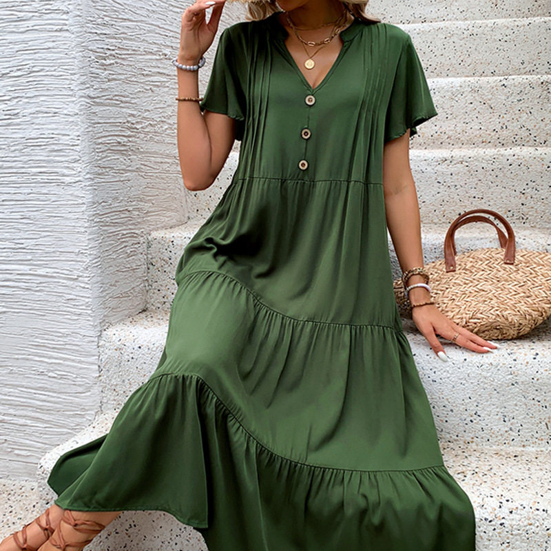Casual Beach Vacation Dress Loose Fit Button Decoration Solid Color Summer Wear Wholesale Available