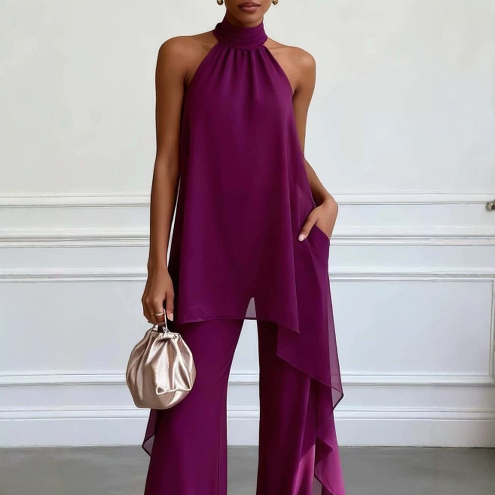 Chiffon Two Piece Set Sleeveless Halter Neck Solid Color Spring Summer Fashion for Women Wholesale Available