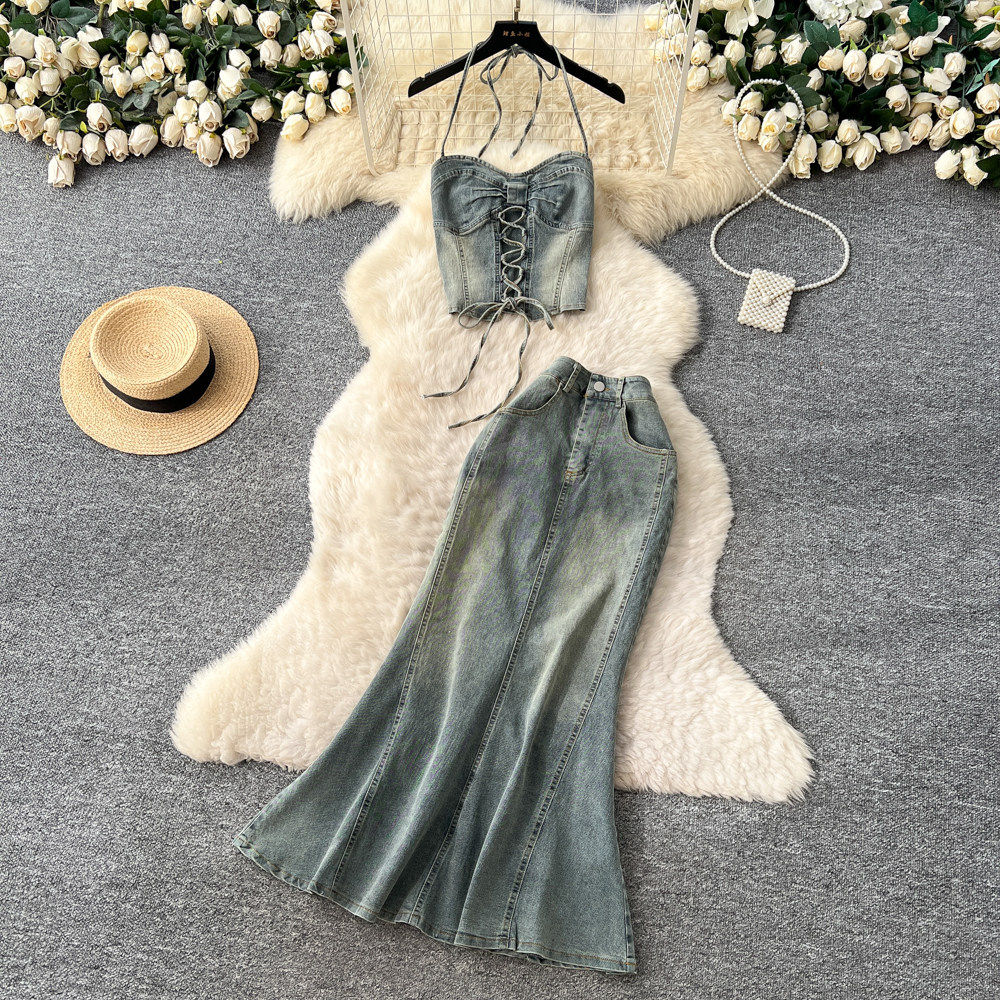 Vintage American Style Halter Crop Top and High Waisted Slimming Mermaid Skirt Set Denim Fabric Casual Summer Outfit