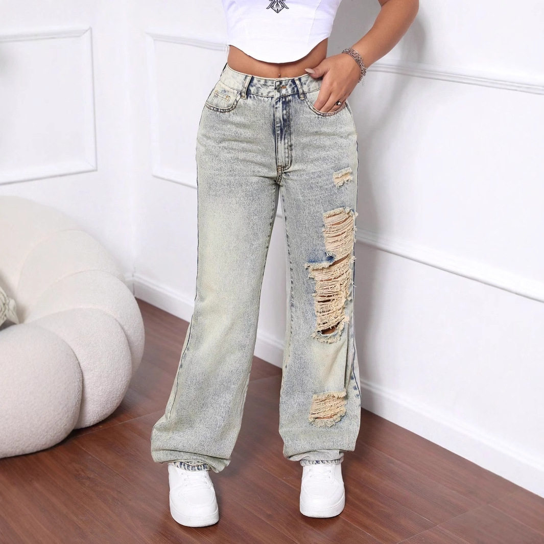 Womens Fashion Distressed Wide Leg Jeans Loose Fit Straight Cut Casual Style Perfect for Everyday Wear Wholesale