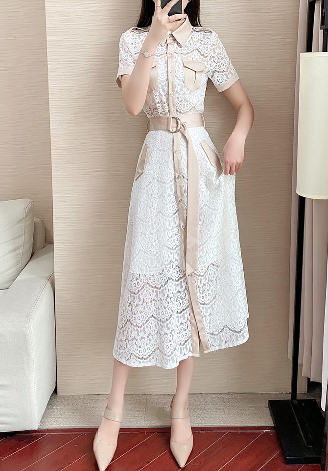 Set Áo Ren Tay Ngắn và Chân Váy Midi Phong Cách Hepburn Thanh Lịch Màu Trắng, Kem chi tiết 13