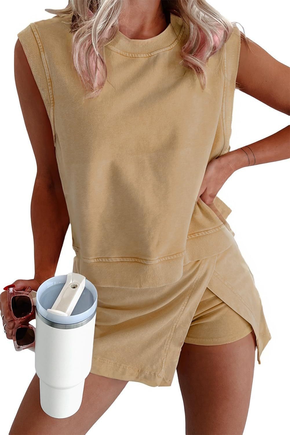 Womens Casual Two Piece Set Sleeveless Top Solid Color Stylish Shorts Perfect for Summer Outings Wholesale