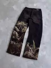 Cross-Border Harajuku Retro Bat Pattern Printed Loose Jeans Street Y2K Pants Casual Jeans