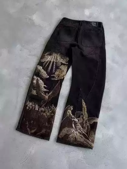 Cross-Border Harajuku Retro Bat Pattern Printed Loose Jeans Street Y2K Pants Casual Jeans