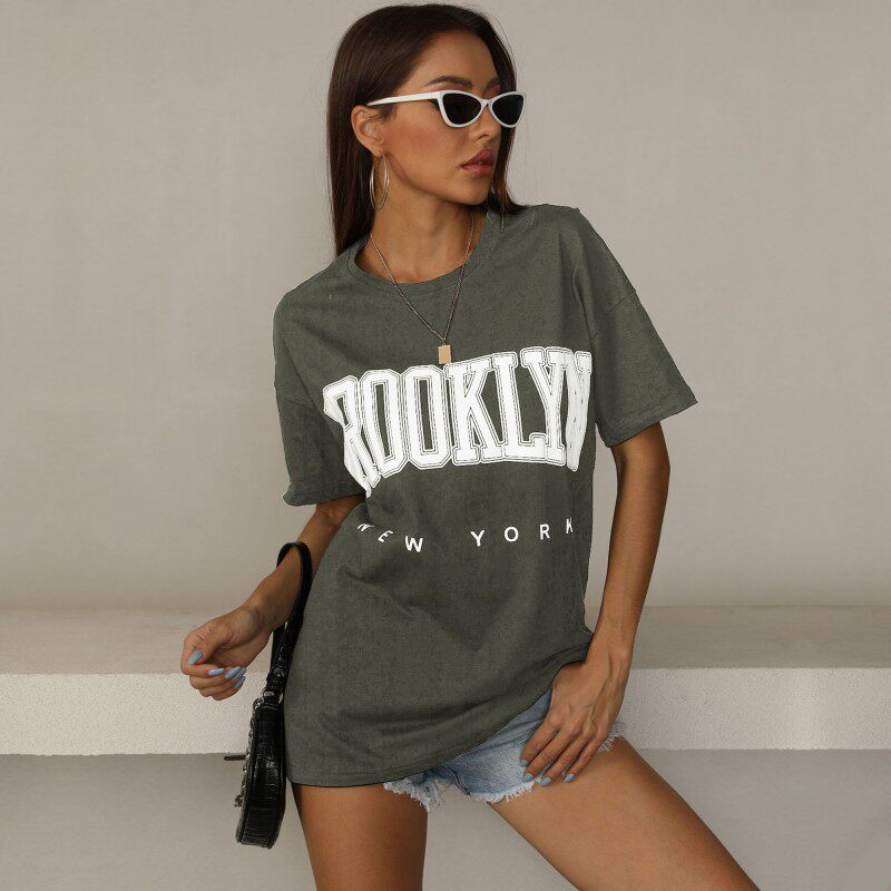 Loose Fit Printed Black T Shirt for Women Summer Style Round Neck Casual Wear Wholesale Available