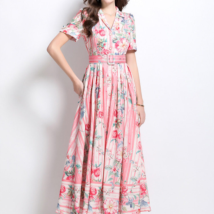 Elegant Womens Vintage Floral Maxi Dress Short Sleeve Waist Defined Retro Collar Spring Collection Wholesale