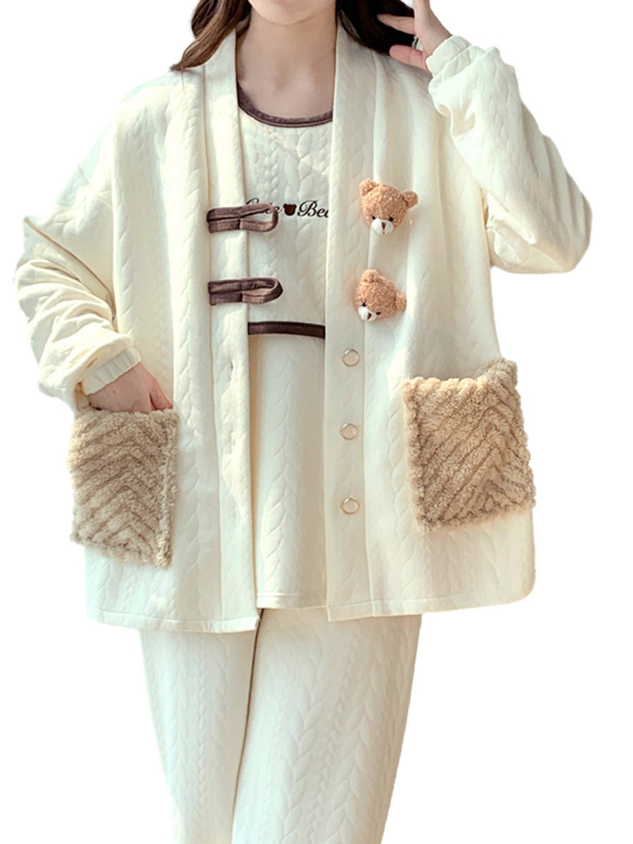 Maternity Pajamas Spring and Autumn Air Cotton Quilted Nursing Sleepwear Three-Piece Set Autumn and Winter Postpartum Maternity Breastfeeding Maternity Ward Outing