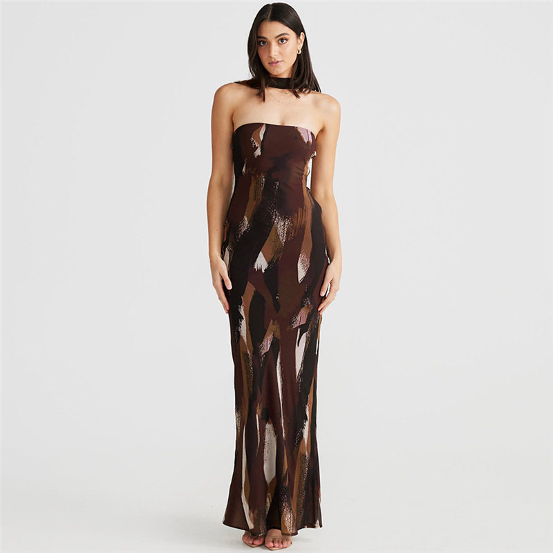 Elegant Floral Print Strapless Maxi Dress Sexy Open Back Slim Fit Spring Fashion Perfect for Parties and Special