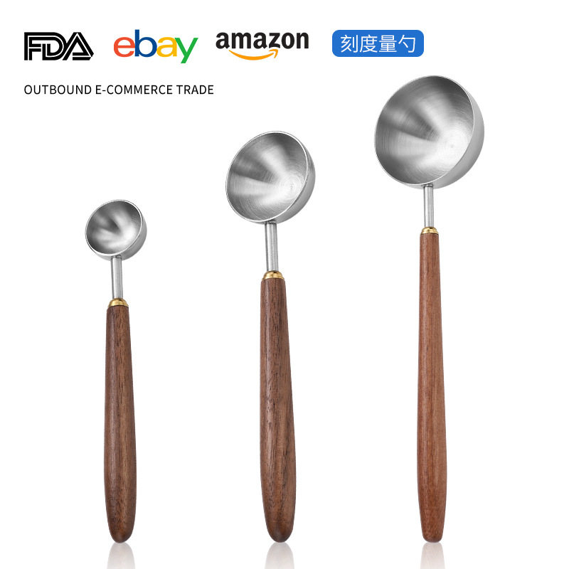 Cross-border 304 stainless steel coffee bean measuring spoon walnut wooden handle food scale spoon fruit powder milk tea powder seasoning spoon