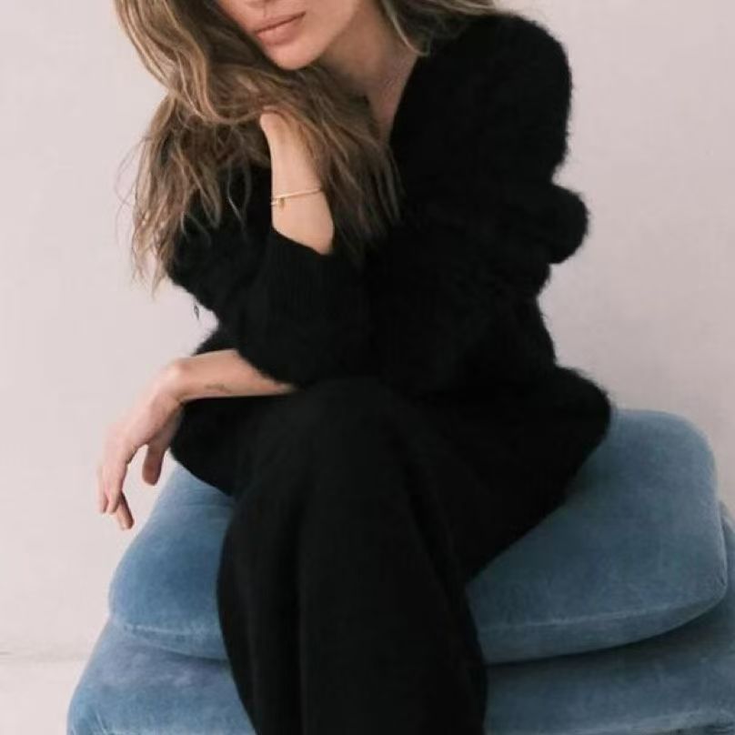 2025秋冬新款仿貂毛针织毛衣开衫慵懒风宽松长袖V领毛衣外套女