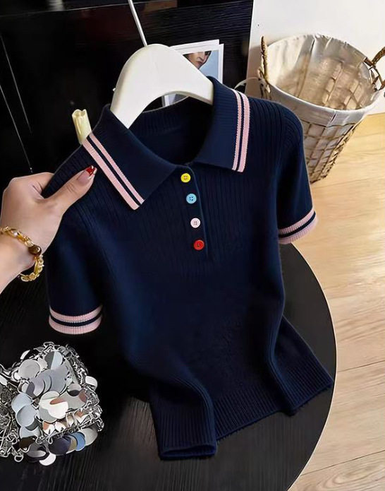 巨好看绝美小个子漂亮polo领撞色针织短袖女彩色扣子显瘦气质上衣