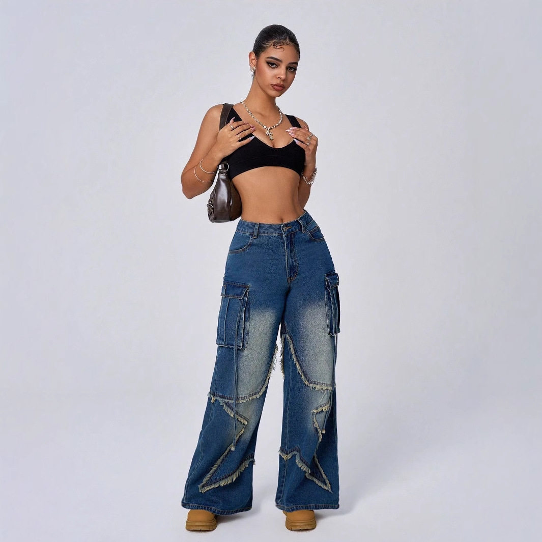Vintage Star Print Denim Cargo Pants for Women Retro Style Casual Fit Versatile Wear Wholesale Available