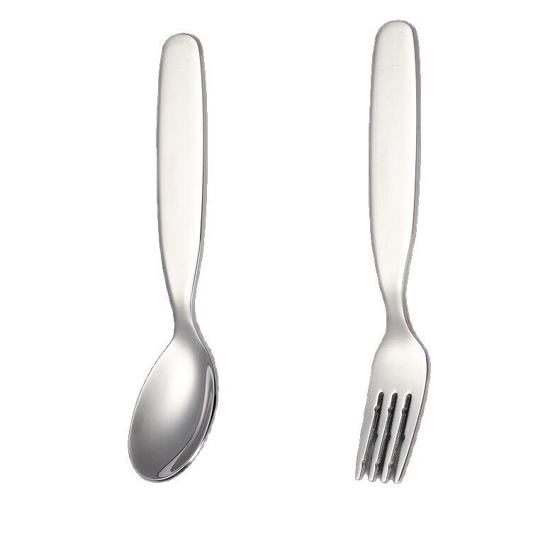Cross-Border 304 Stainless Steel Kidsren's Spoon and Fork Baby Short Handle Food Supplement Tableware Eating Spoon Wide Handle Flats Spoon