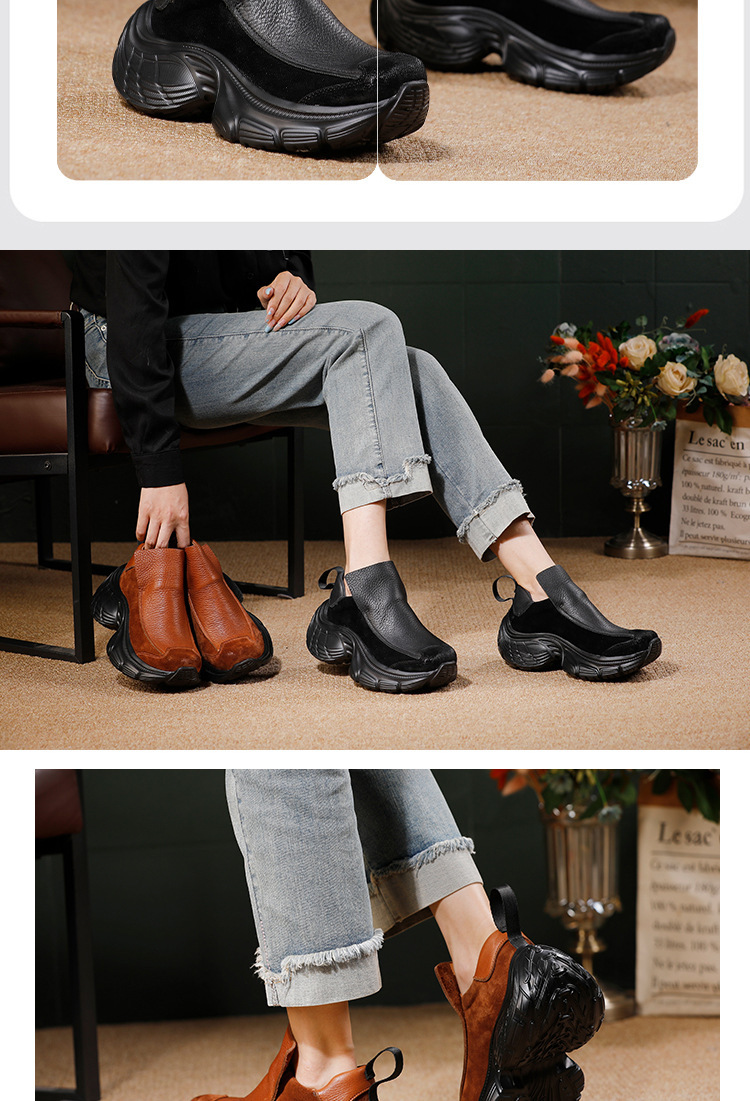 Giày nữ da bò thật đế dày kiểu retro, mang một chân thoáng khí êm chân — đen, màu nâu