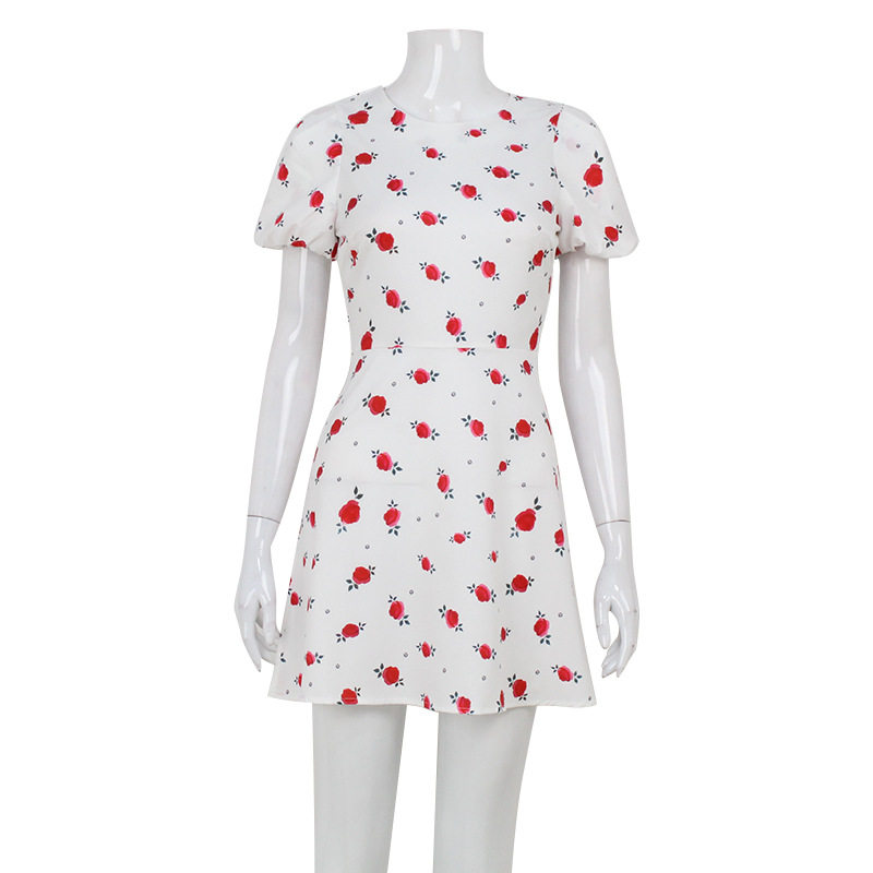Floral Mini Dress Sweet Puff Sleeves High Waist Slim Fit Summer Casual Wear Wholesale Available