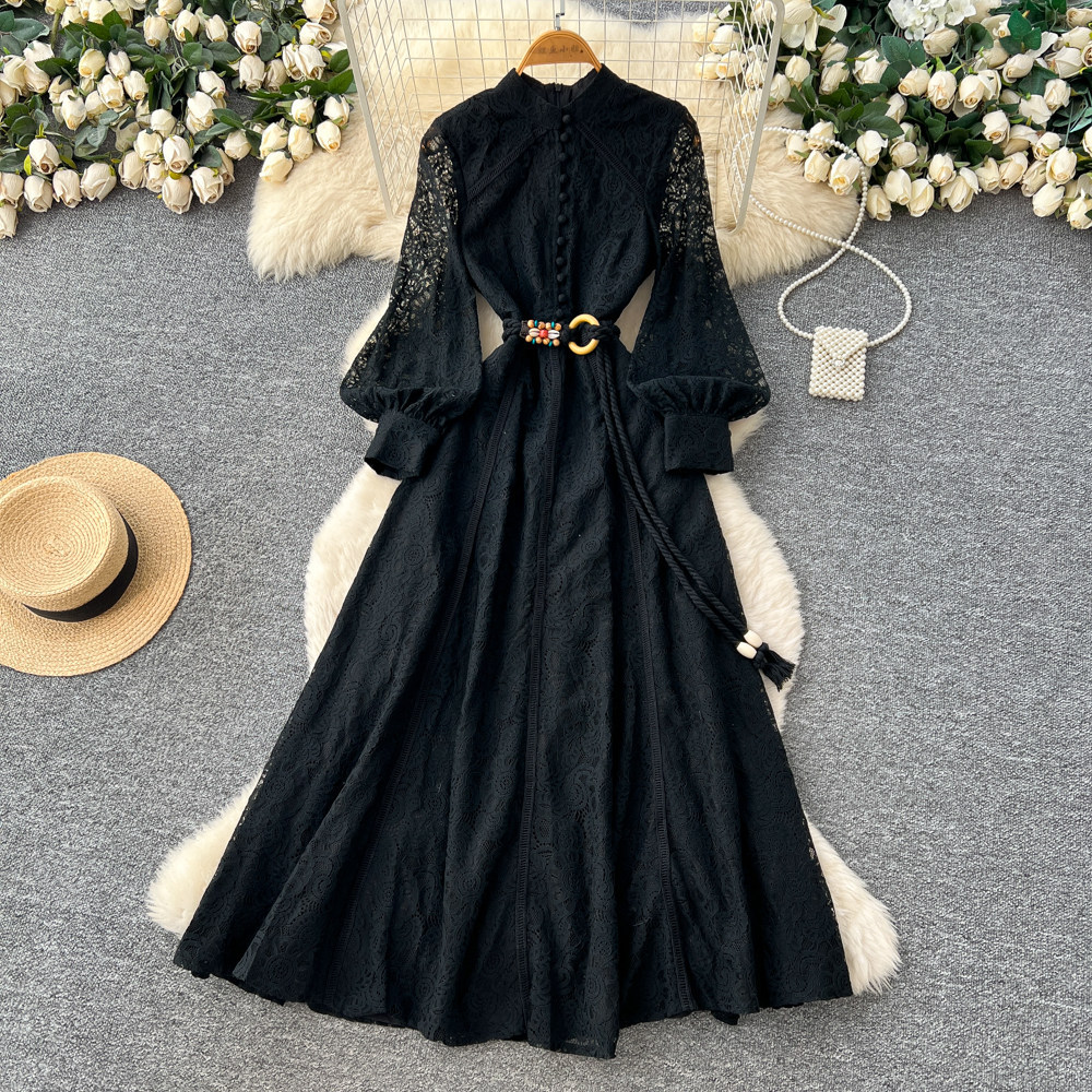 Elegant Red Lace A Line Dress Long Sleeve Waist Defined Breathable Fabric Spring Office Wear Wholesale Available
