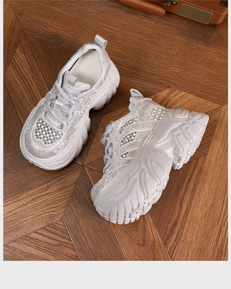 Giày cao gót nữ đế xuồng platform rhinestone lưới thoáng khí, gót siêu cao 8 cm — Bạc, Trắng, Đen chi tiết 21
