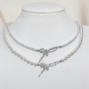 Hejia High-End Rose Ribbon Knot Pearl Necklace Light Luxury Elegant Temperament Pendant Neck Chain Clavicle Chain Women Wholesale