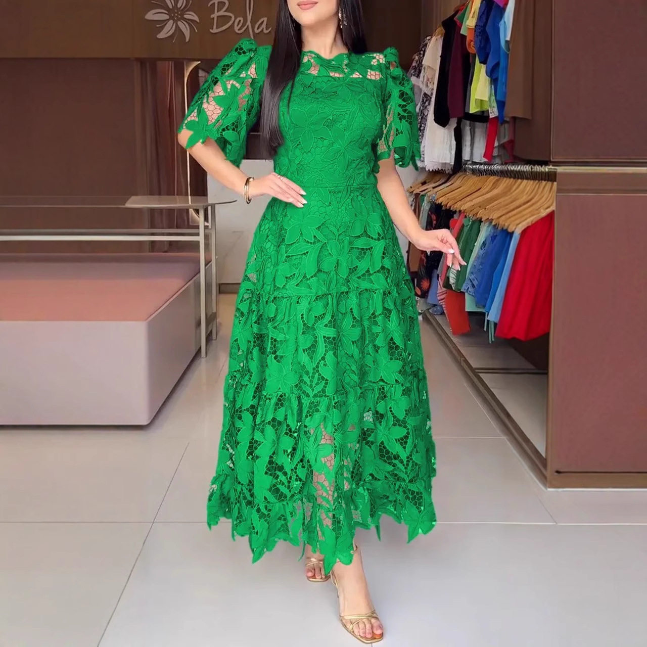 Summer Womens Lace Dress Elegant Hollow Design Round Neck Short Sleeve Perfect for Parties and Events Wholesale