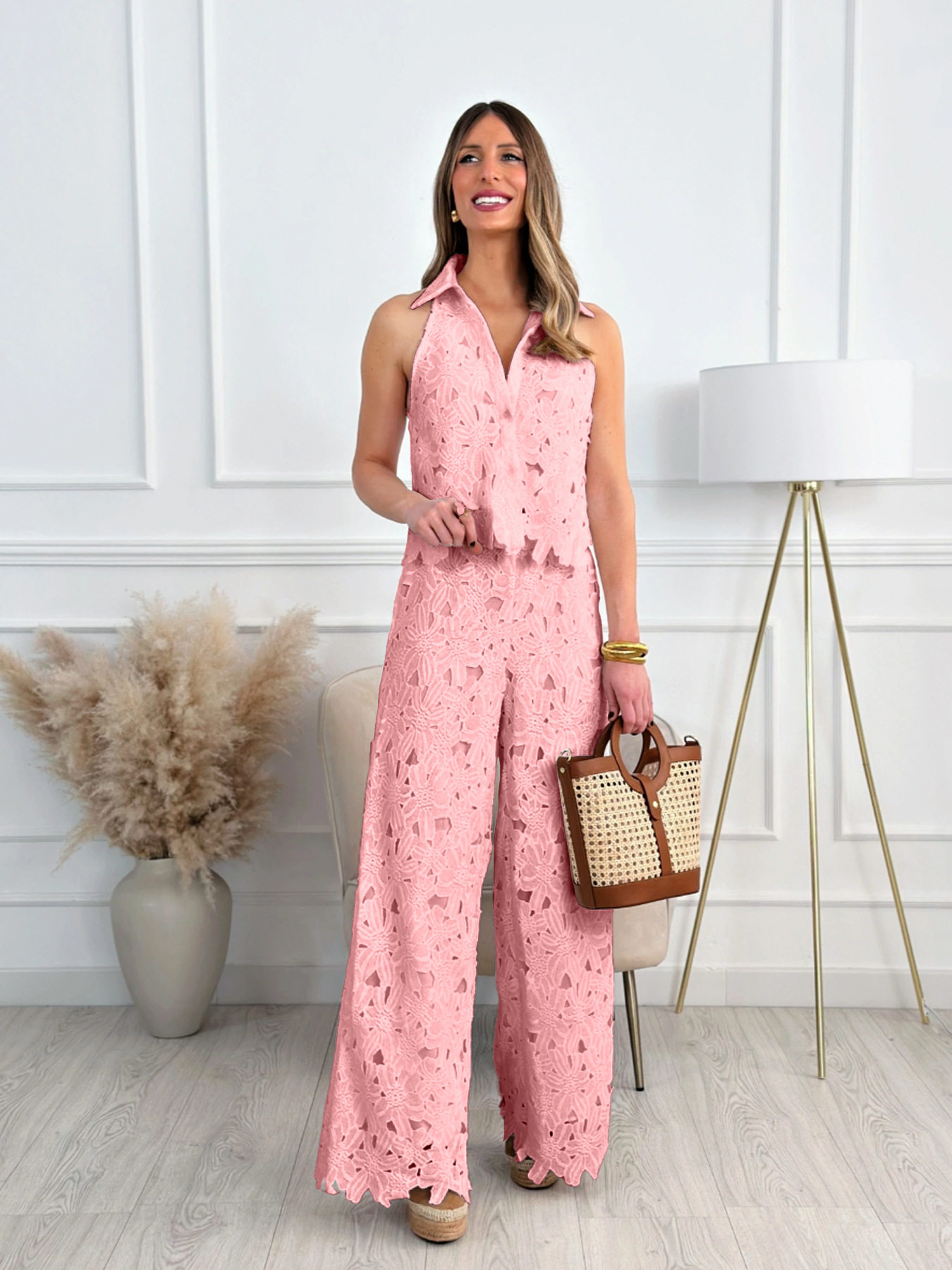 French Summer Embroidered Hollow V Neck Tank Top and Wide Leg Straight Pants Set Elegant Design Perfect for Casual