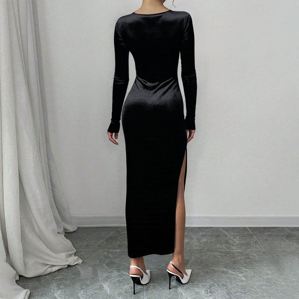 Velvet Maxi Dress High Waist Sexy Split Long Sleeve Square Neck Spring Summer Fashion Wholesale Available