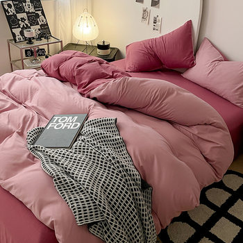 Non-printed wind-washed skin-friendly cotton bed four-piece set solid color student dormitory one-piece quilt cover bed sheet three-piece set