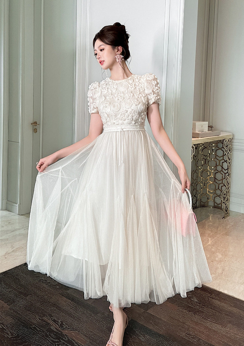 Đầm suông nữ tay ngắn cổ tròn chất liệu lưới voan phối ren nổi 3D — [Hồng], [Mơ] chi tiết 12