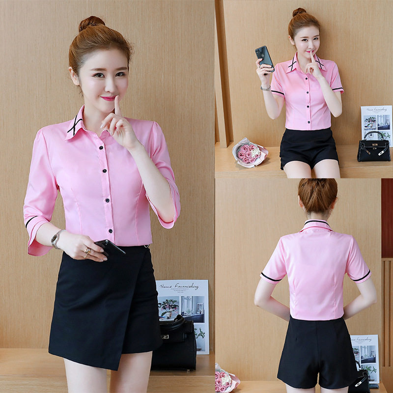 2025春夏优雅喇叭袖短袖衬衫女装粉色衬衣打底上衣女式衬薄款轻盈