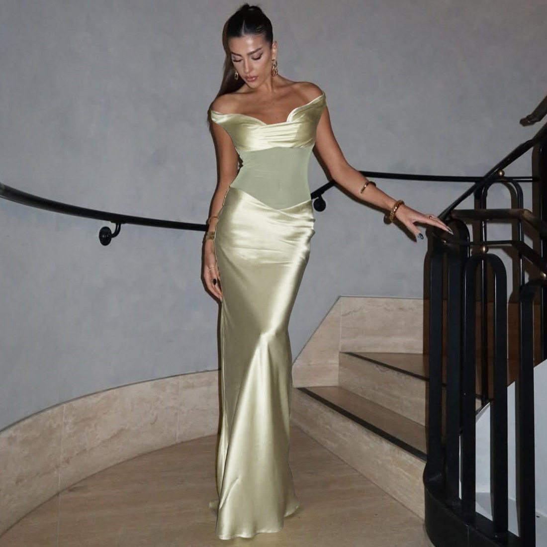 Off Shoulder Sheer Mesh Bodycon Maxi Dress Sexy Form Fitting Elegant Evening Wear Party Dress OEM Available