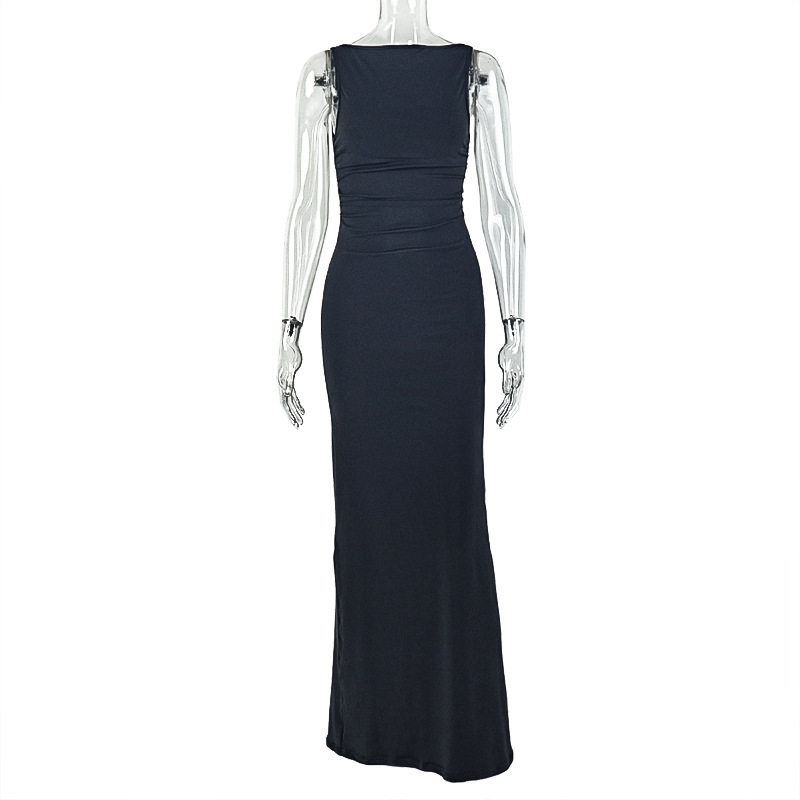 Slim Fit High Neck Sleeveless Long Dress Solid Color Backless Bodycon Style Elegant Spring and Autumn Womens Fashion