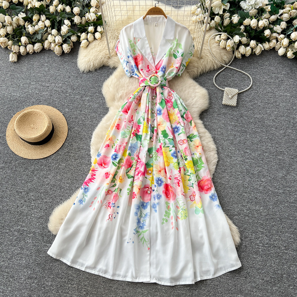Summer Floral Print Maxi Dress for Women V Neck Sleeveless Tie Waist High Waist A Line Casual Office Wear