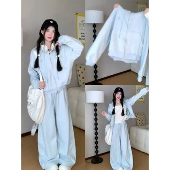 Korean Girl Casual Sports Suit Female Autum Student Loose Slimming Look Fashionable Age-Reducing Hooded Sweatshirt Two-Piece Set