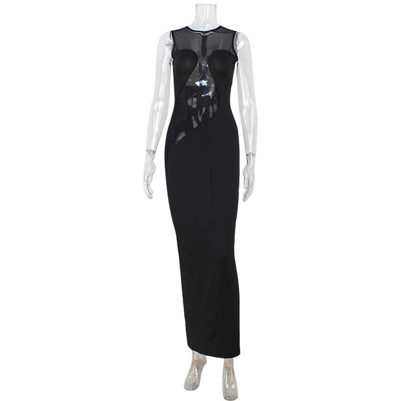 Elegant Sleeveless Bodycon Dress Sheer Mesh Panel Figure Hugging Fit Sophisticated Style Perfect for Red Carpet