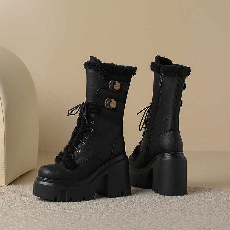 Boot Nữ Cổ Lửng Đế Cao 12cm Lót Lông Dày Dặn Kiểu Dáng Chiến Binh Màu Đen, Nâu