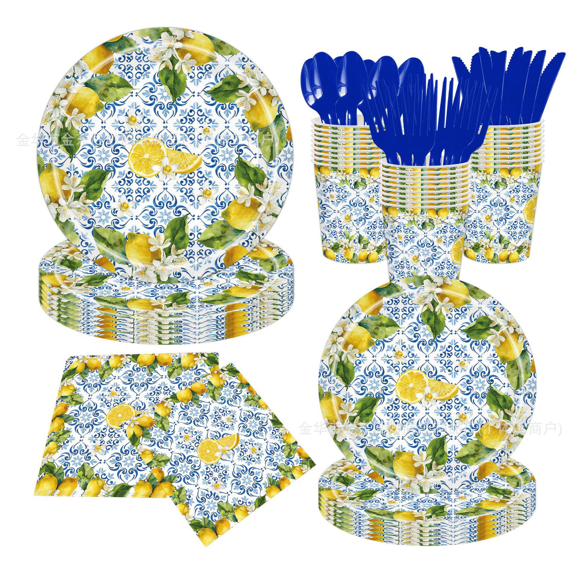 Retro Blue and White Porcelain Lemon Fruit Party Family Dinner Party Tableware Paper Cup Tissue Disposable Paper Plate Set