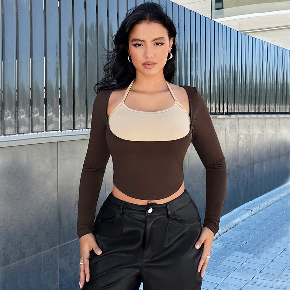 Color Block Hollow Out Halter Long Sleeve Top Slim Fit High Waist Stylish Design Perfect for Casual and Evening Wear