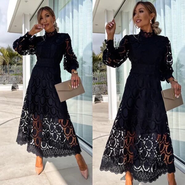 Lace Maxi Dress Sexy Hollow Out Long Sleeve Stand Collar Flared Hem Summer Occasion Wholesale Available