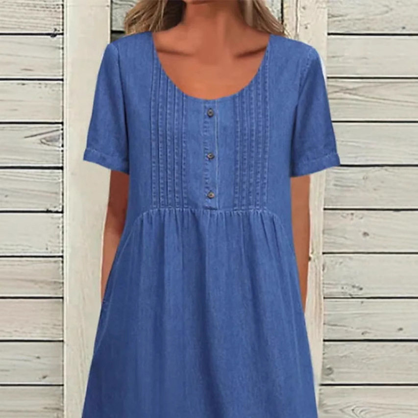 Elegant Denim Midi Dress for Women U Neck Short Sleeve Summer Style Wholesale Available ready to ship